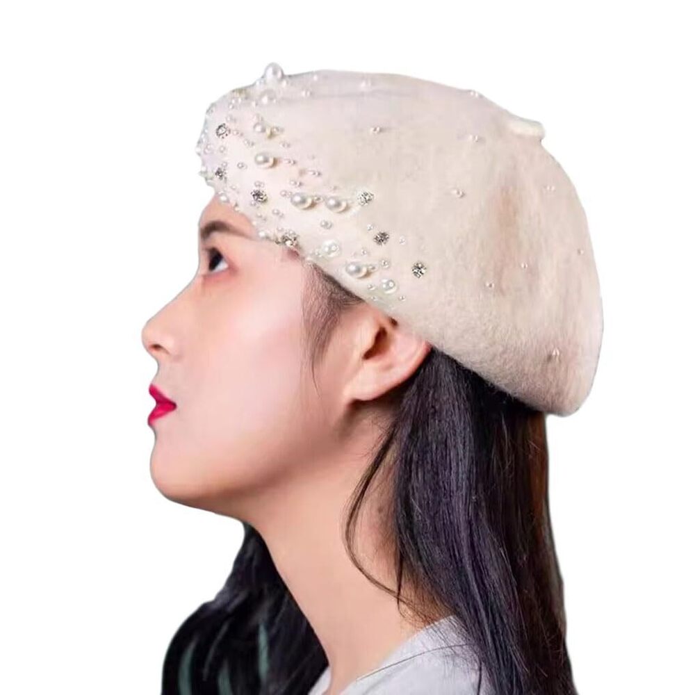 8737 Women Girls Beaded Pearl Rhinestone Wool French Beret Hat Winter Artist